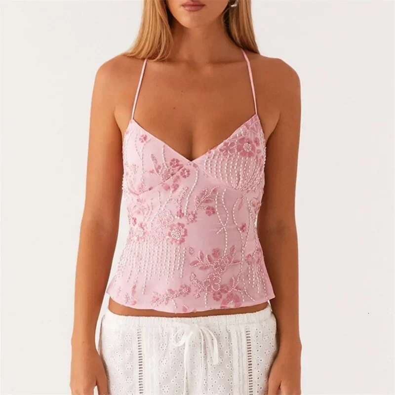 Shiny Sequins V Neck Cropped Vest Women Sexy Lace Up Backless Summer Holiday Halter Tops 2025 Chic Lady Sparkle Sling T-shirt