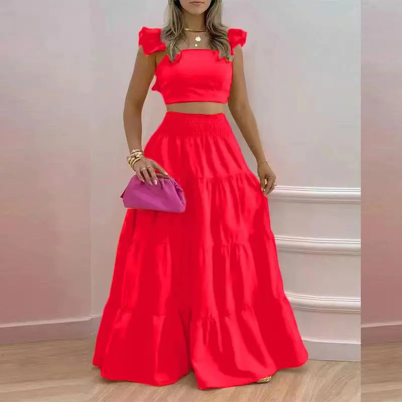 Dress Set Twopiece Womens Clothing Solid Color Sexy Suspender Large Swing Skirt Short Sleeved Square Neck Top Summer Outfits 250515