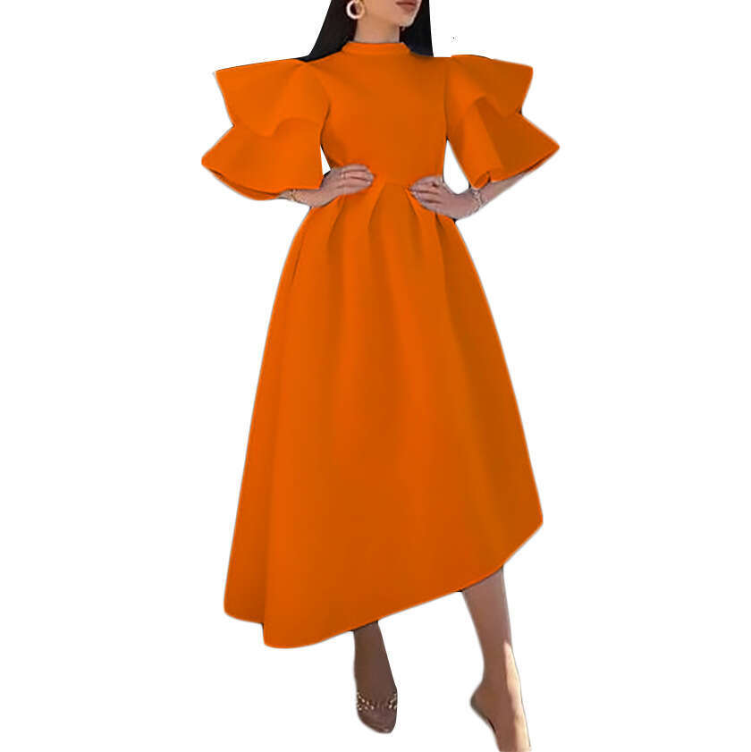 Women's 2024 Summer New Double layered Lotus Leaf Sleeve Solid Color Banquet Dress