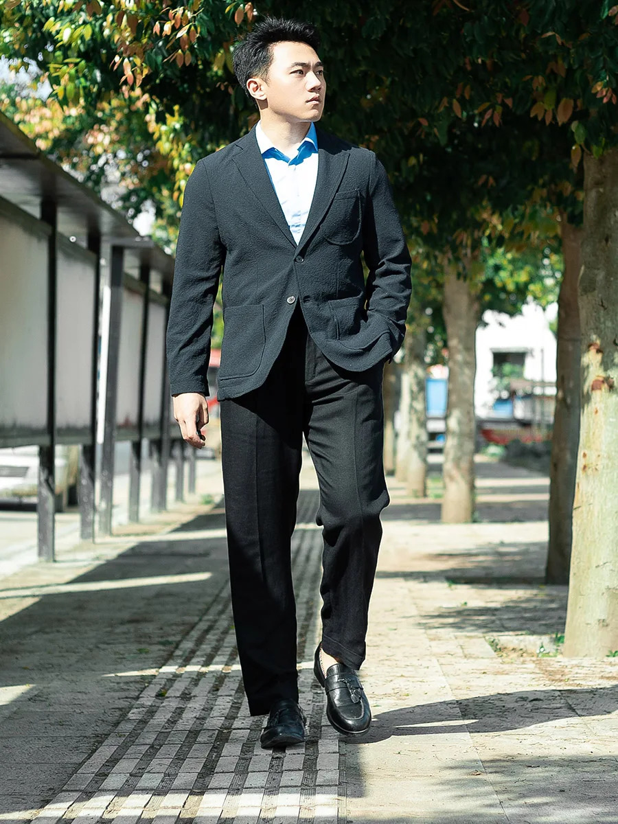 Spring and summer black linen Paris button casual pants men Slim microtaper single pleat versatile can be customized large 250515