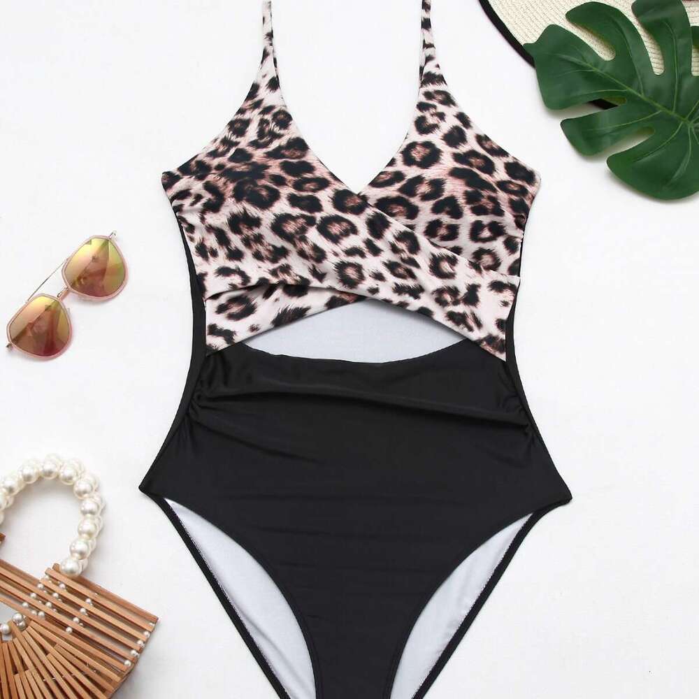 New one-piece European and American swimsuit sexy hollow high waist color blocked cross suspender bikini manufacturer 2025 temperament versatile new t