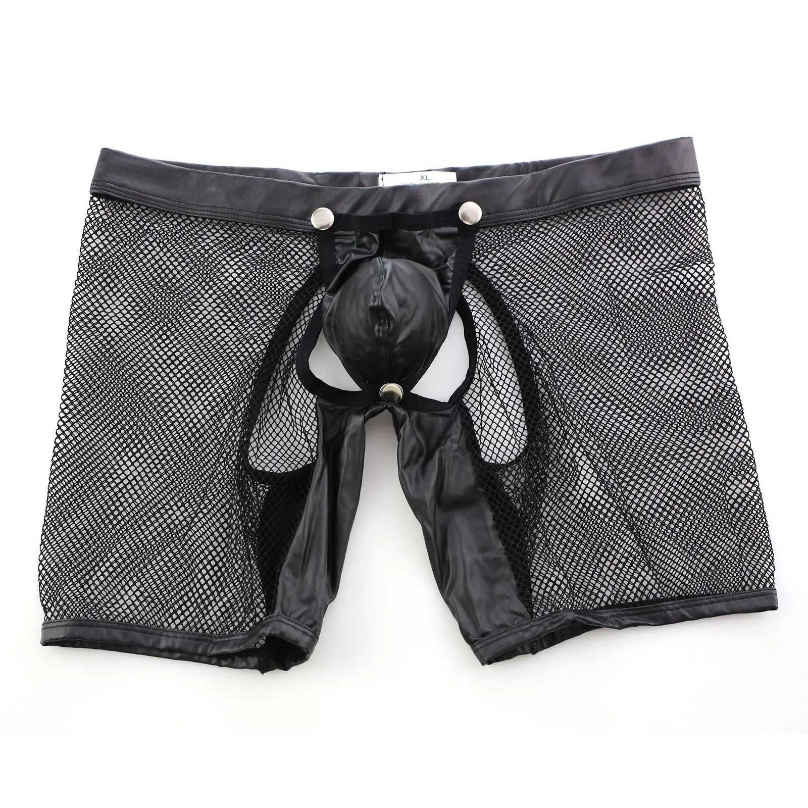 CLEVER-MENMODE Sexy Mesh Lingerie Men Underwear Boxers Shorts PU Leather Open Penis Pouch Transparent Long Leg Open Butt Boxer 250515