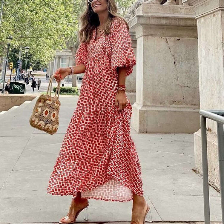 Plus Size White Dress Tender Maxi Dress for Women Beach Dress 2025 Autumn New Hot Selling Geometric Print Bubble Sleeve Dress Explosive Street Large W
