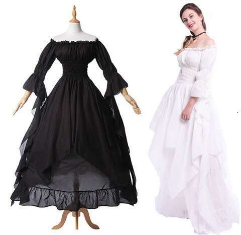 White Dress Maxi Dress Gorgeous Lace Flare Sleeves Gothic Cosplay Prom Princess Dress KQ