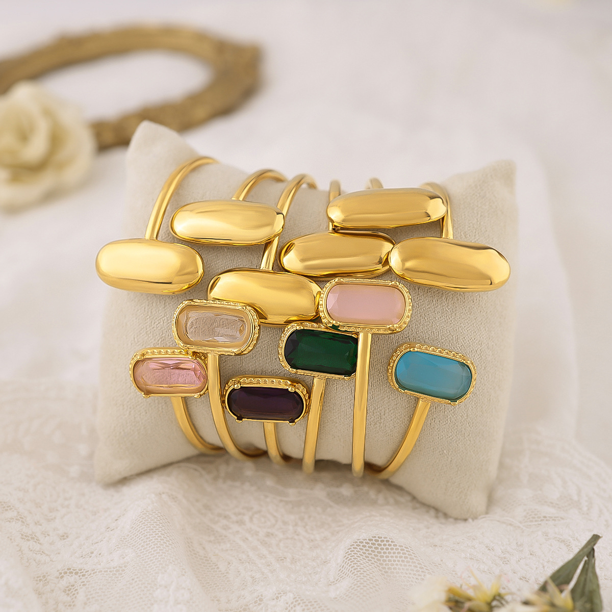 Gold Retro Color AAA Zircon Stainless Steel Bracelet for Women Simple Geometric Opening Bracelet