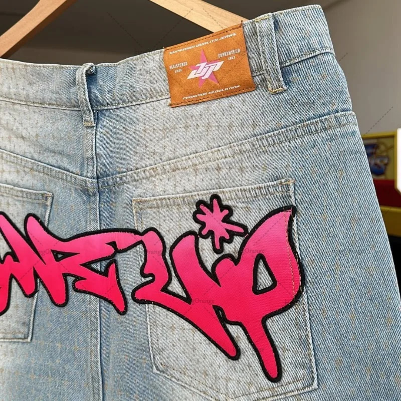 American High Street Style Pants Letters Oversized Jeans Men Retro Casual Hiphop Waist Straight Shorts 250515