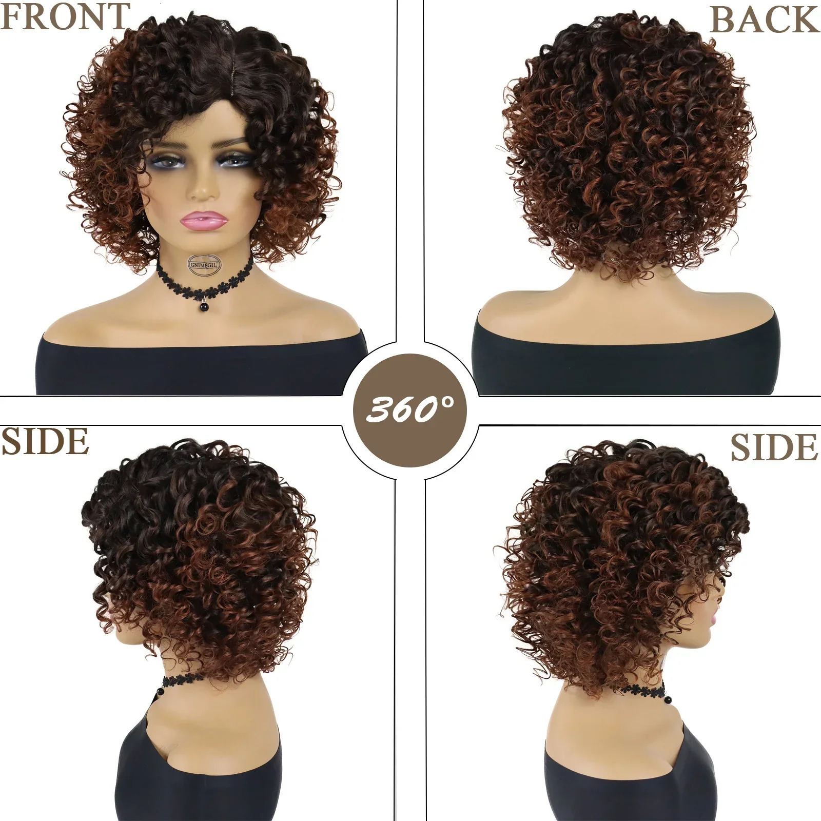 GNIMEGIL Synthetic Curly Wigs for Women Short Brown Ombre Wig with Side Bangs Natural Haircuts for Daily Use Replacement Wigs 250512