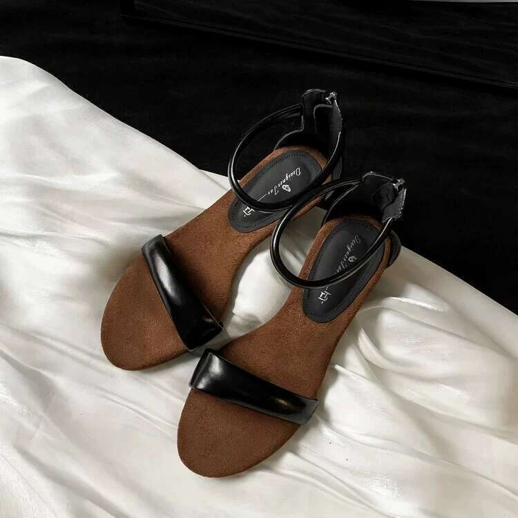 2025 New Suede Female Open Toe Black Leather Soft Flat Shoes Ladies Casual Cover Heel Party Sandals