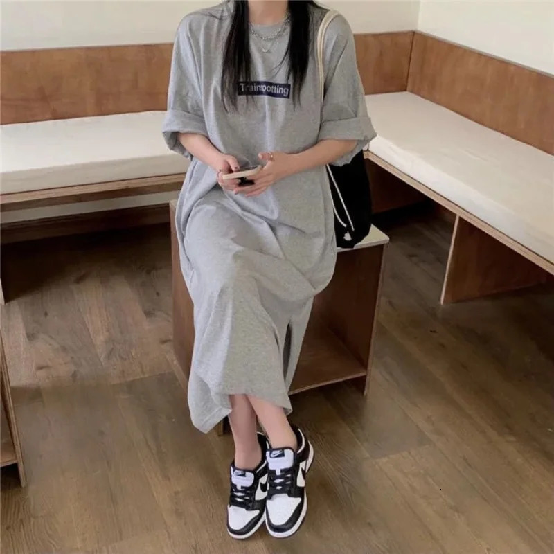 Plus Size Long T-Shirt Dress For Women Korean Chic Loose Pullover Casual Vintage Streetwear O-Neck Short Sleeve Straight Dress 250509