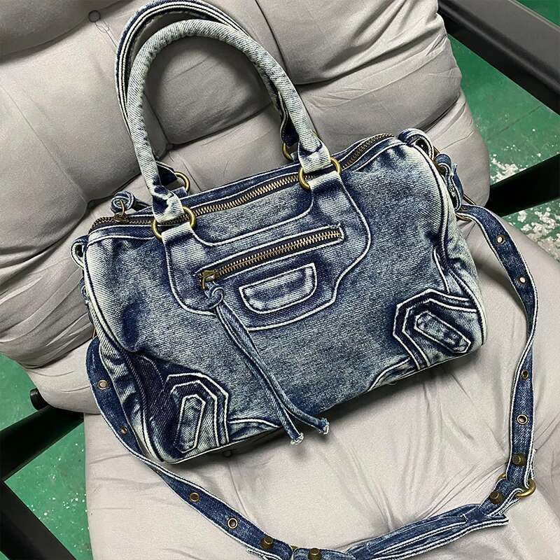 new for women high-end denim motorcycle tassel rivets fashionable wash water canvas women's bag