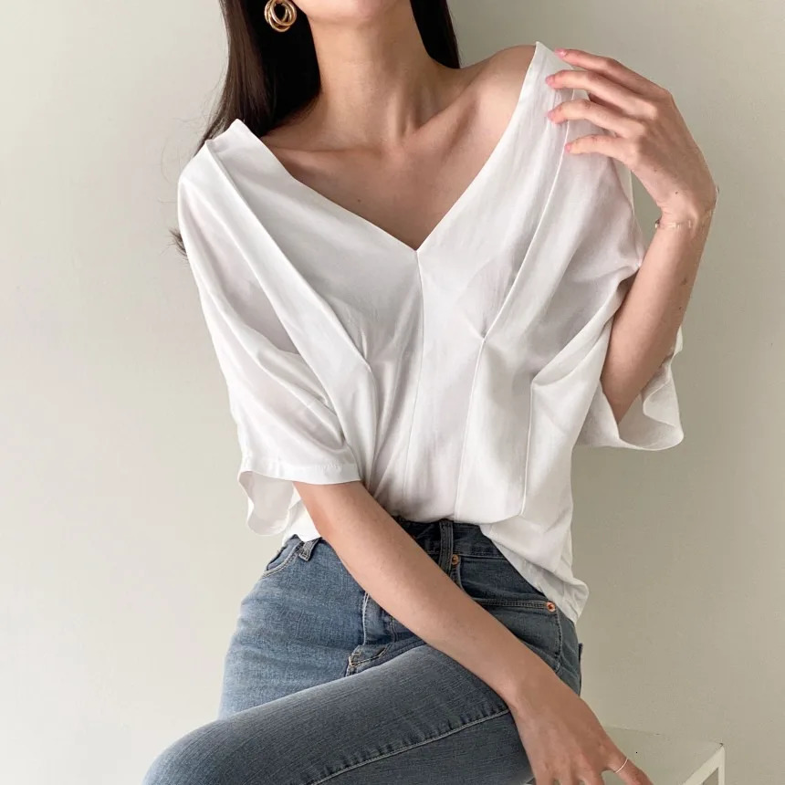 REALEFT Spring Summer Half Sleeve Womens Vneck Blouses Casual Loose Elegant Front Split Shirts Tops Female 250515