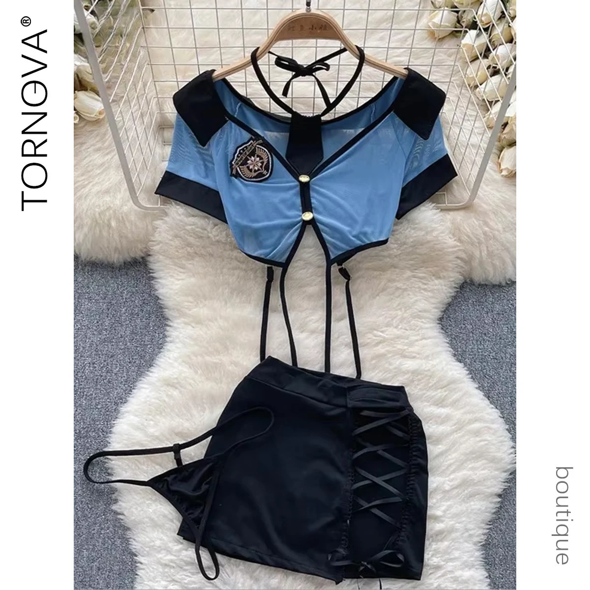 Tornova Preppy Style Sexy Uniform Sets For Women V Neck Sheer TopLace Up Mini SkirtThongs Hollow Out Cosplay Porn Suits 250515