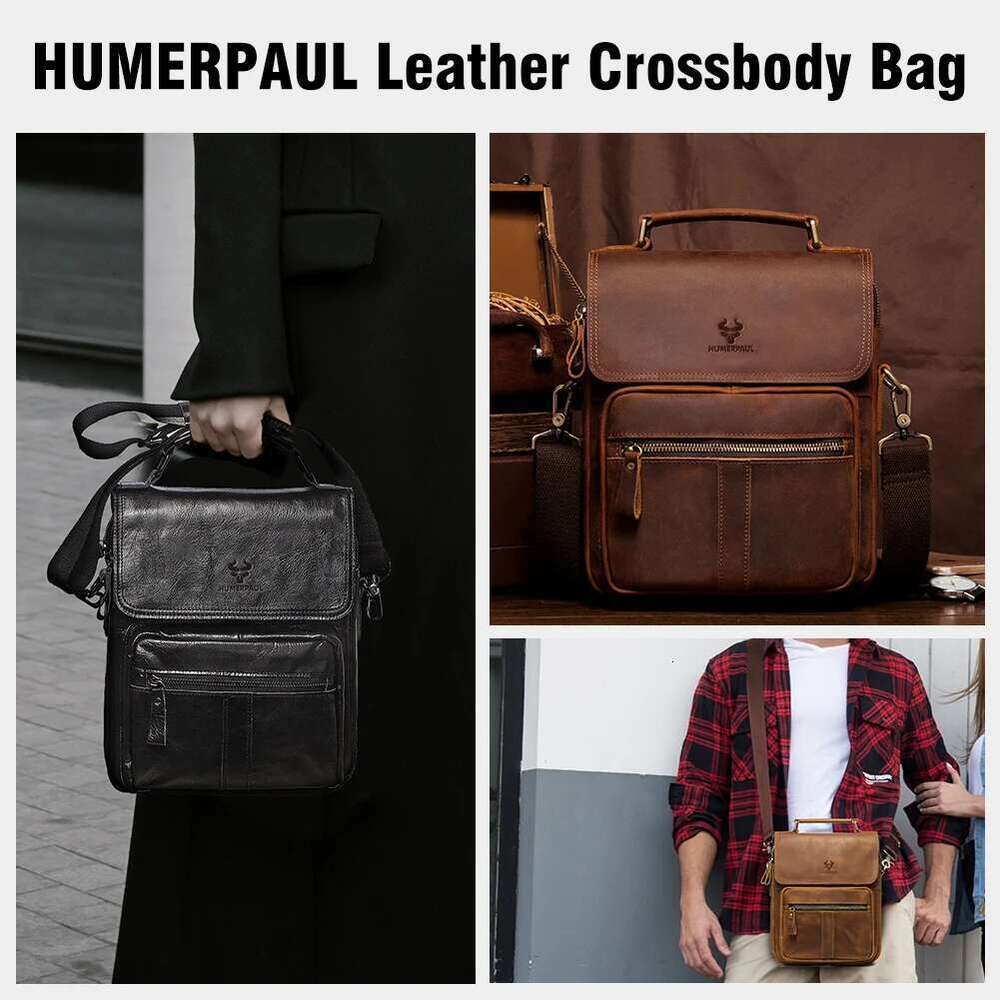 HUMERPAUL Genuine Leather Men's Shoulder Bag Work Business Messenger Bags Fashion Male Crossbody With Adjustable Straps