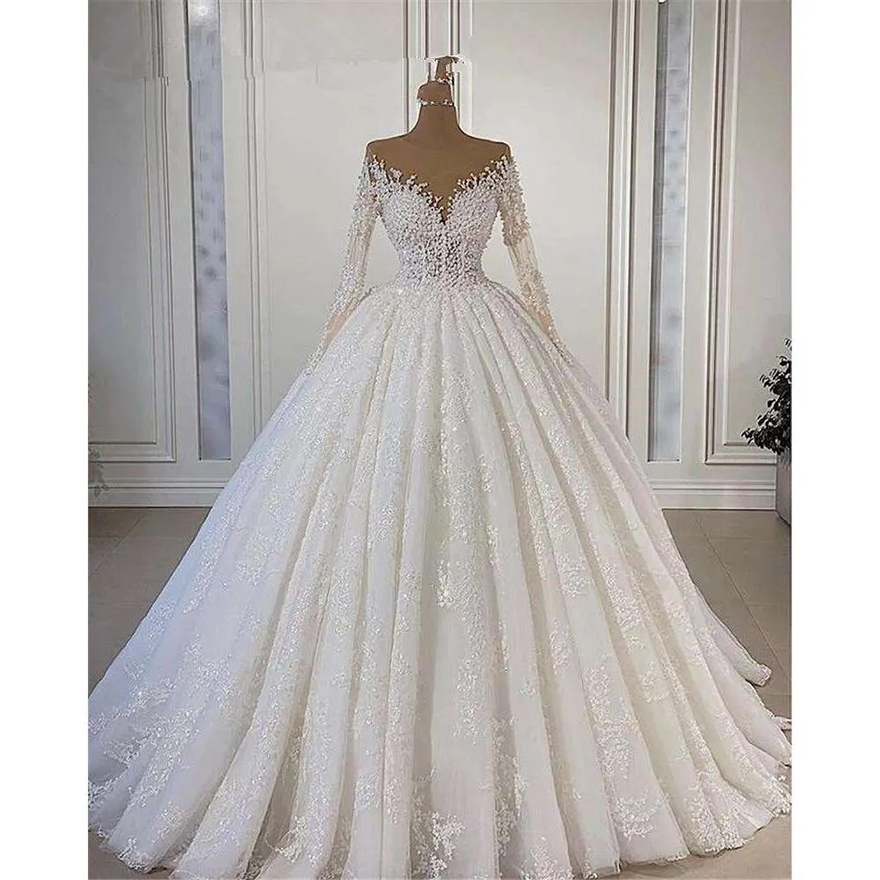 Real Photo Lace Appliques Ball gown Wedding Dresses Sweep Train Illsion Long Sleeves Robes De Mariage Plus Size Bridal Gowns