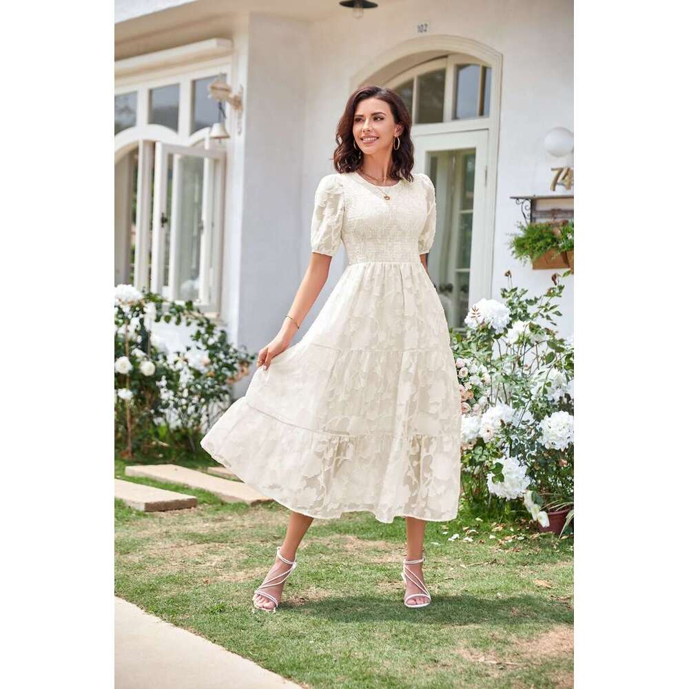 White Dress Maxi Dress 2024 Summer Women's Round Neck Folded Bubble Sleeves Layered Flower Dress KQ