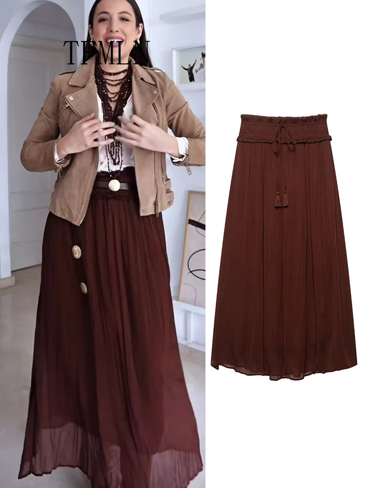 TFMLN Elastic Waist Long Skirts For Women Tassel Lace Up Decoration Midi Skirt Woman Vacation Loose Womans 250515
