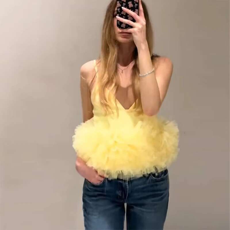 TRAF Yellow Puffy Mesh Tops for Strap Ruffle Crop Woman Sexy Backless Tulle Female Summer Camisole Short Top Women