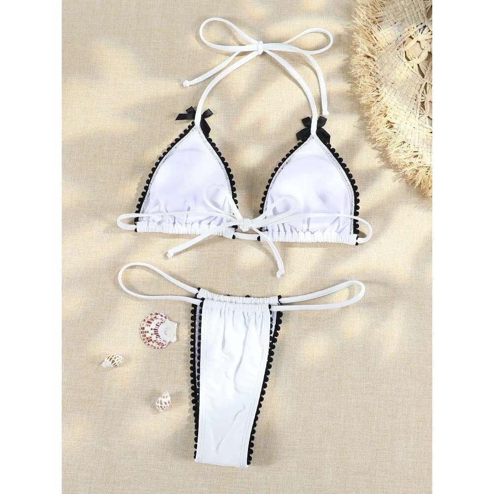 Micro Bowknot Bikinis Set for Women Patchwork Swimsuit Summer Beach Wear White Thong Swimwear Swimming Bathing Suit 2024