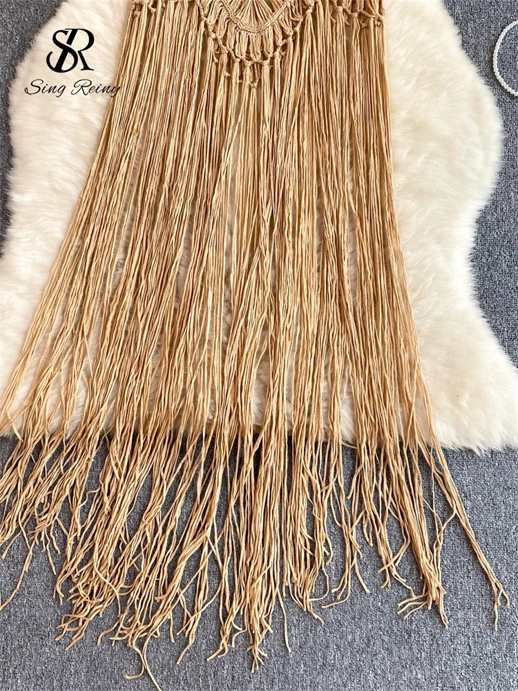 SINGREINY Retro Knitted Shirt Bohemian Vacation Beach style Summer Tank Women Strap Sleeveless Long Tassel Tops 250515