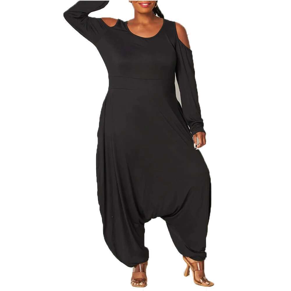 Women's 1XL-5XL Casual Fashion Plus Size Solid Color Jumpsuit Long Sleeve Loose Jumpsuits O Neck Pocket Autumn Winter Clothing