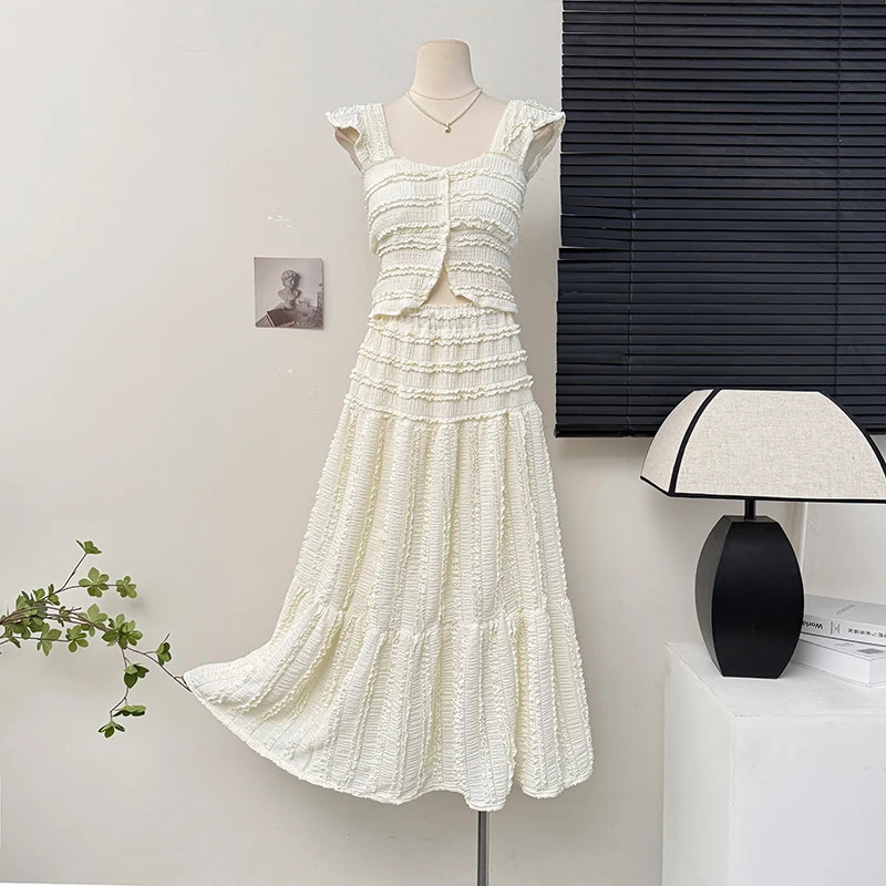 Summer Women Single Breasted Mini Camisole Elastic Waist A Line Long Skirt 2pcs Set Suits Beach Style 250515