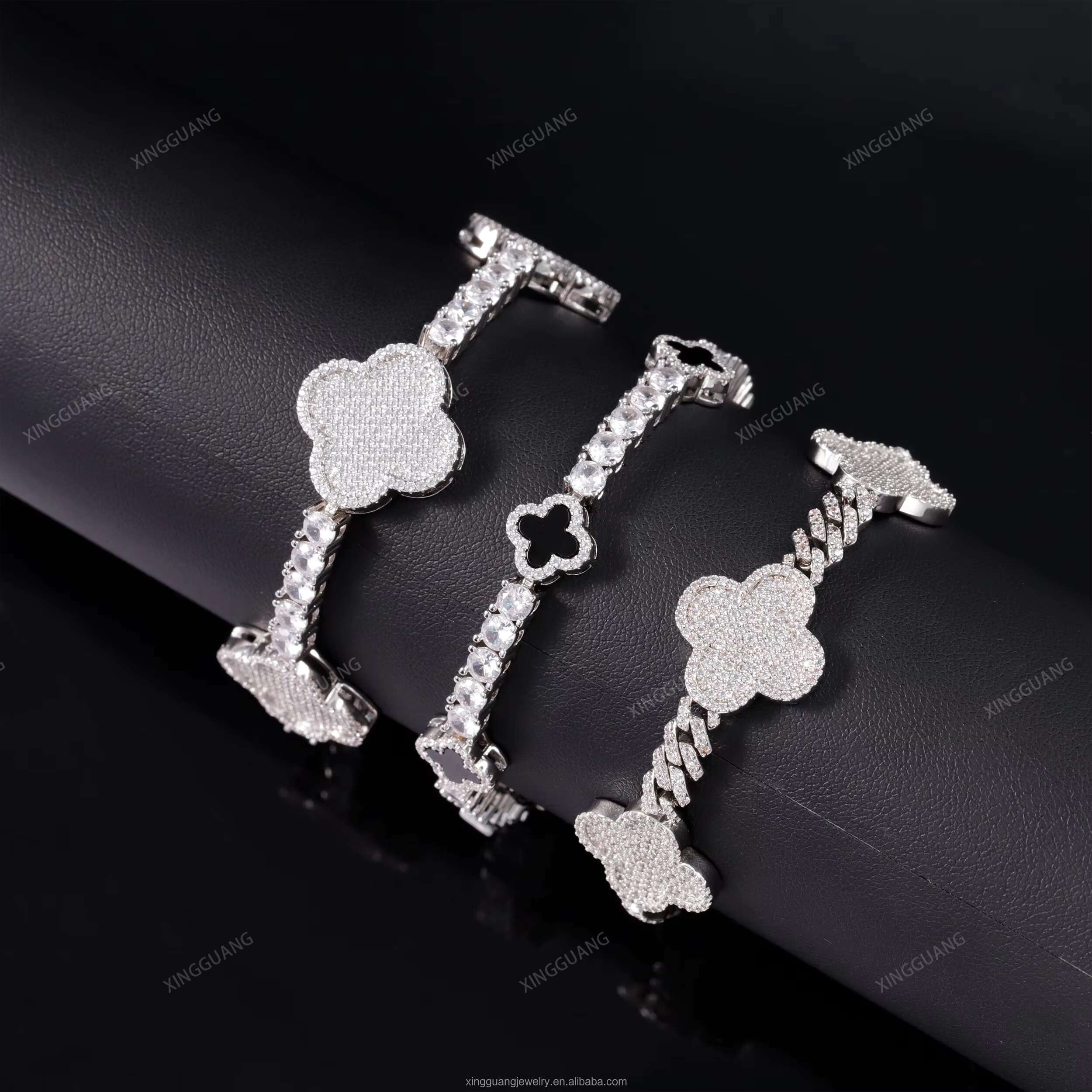 Iced Out Diamond Cuban Bracelet 925 Sterling Silver VVS Moissanite Diamond Four Leaf Clover Tennis Bracelet 3mm 4mm Tennis Chain