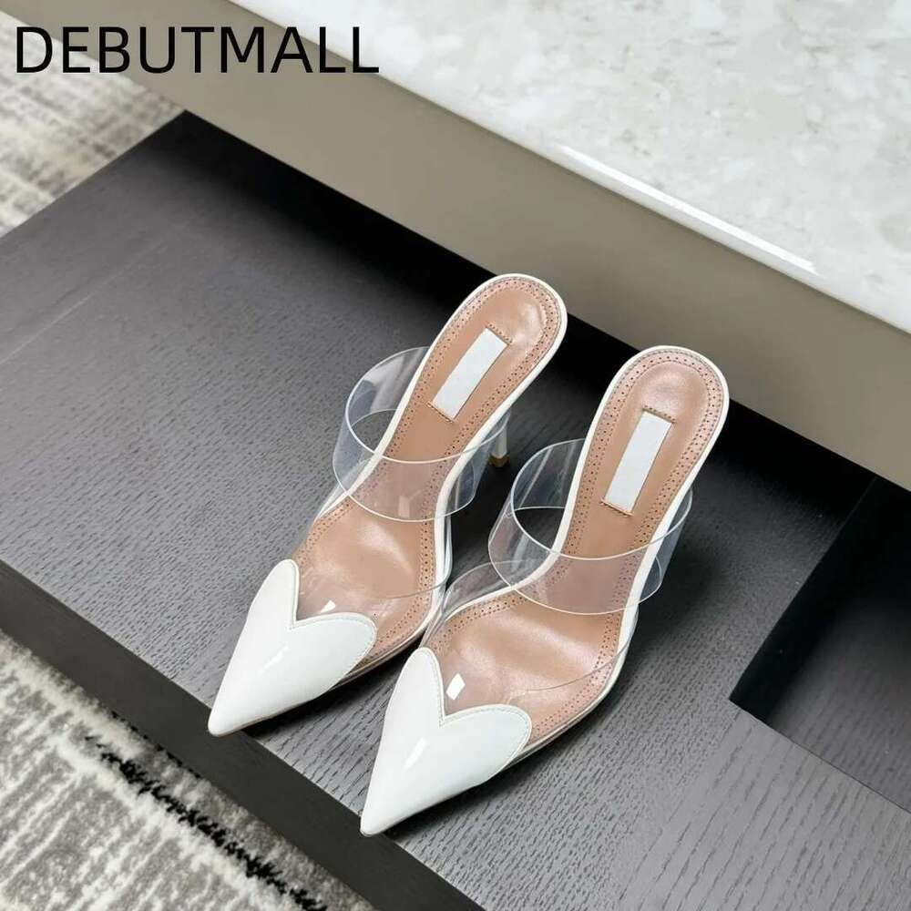 Real leather transparent toe cap sandals for women with slim heels, spring and summer new style French heart-shaped pointed high