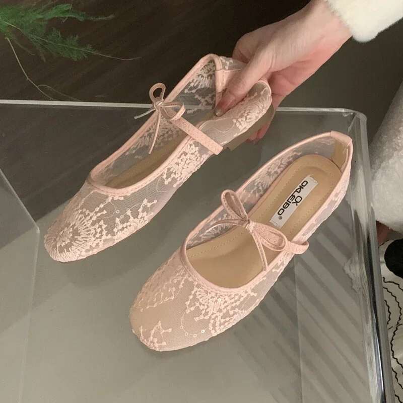 Mesh Ballet Flat Women Embroidery Soft Sole Bowknot Fashion Footwear Female Hollow Comfort Designer Brand Mary Jane Shoes