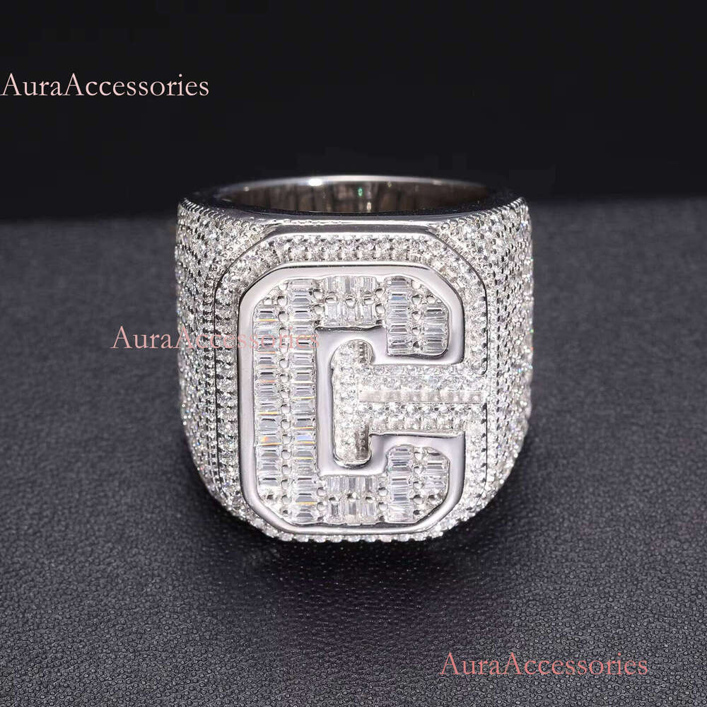 D VVS Moissnite Baguette Custom Ring Initials A-Z 26 Letters Rings for Women Men Couple Alphabet Name Iced Out Hip Hop Jewelry