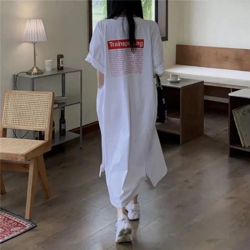 Plus Size Long T-Shirt Dress For Women Korean Chic Loose Pullover Casual Vintage Streetwear O-Neck Short Sleeve Straight Dress 250509