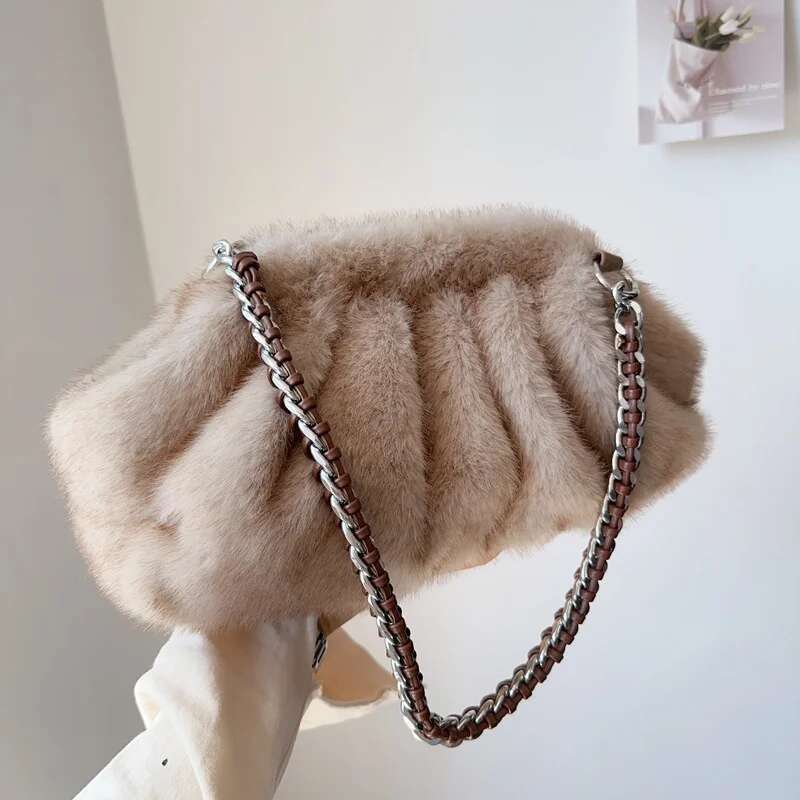 MOODS Pleated Design Faux Fur Shouldrt For Women 2024 Designer Purses And Handbags Winter Warm Soft Plush Hobo Bags