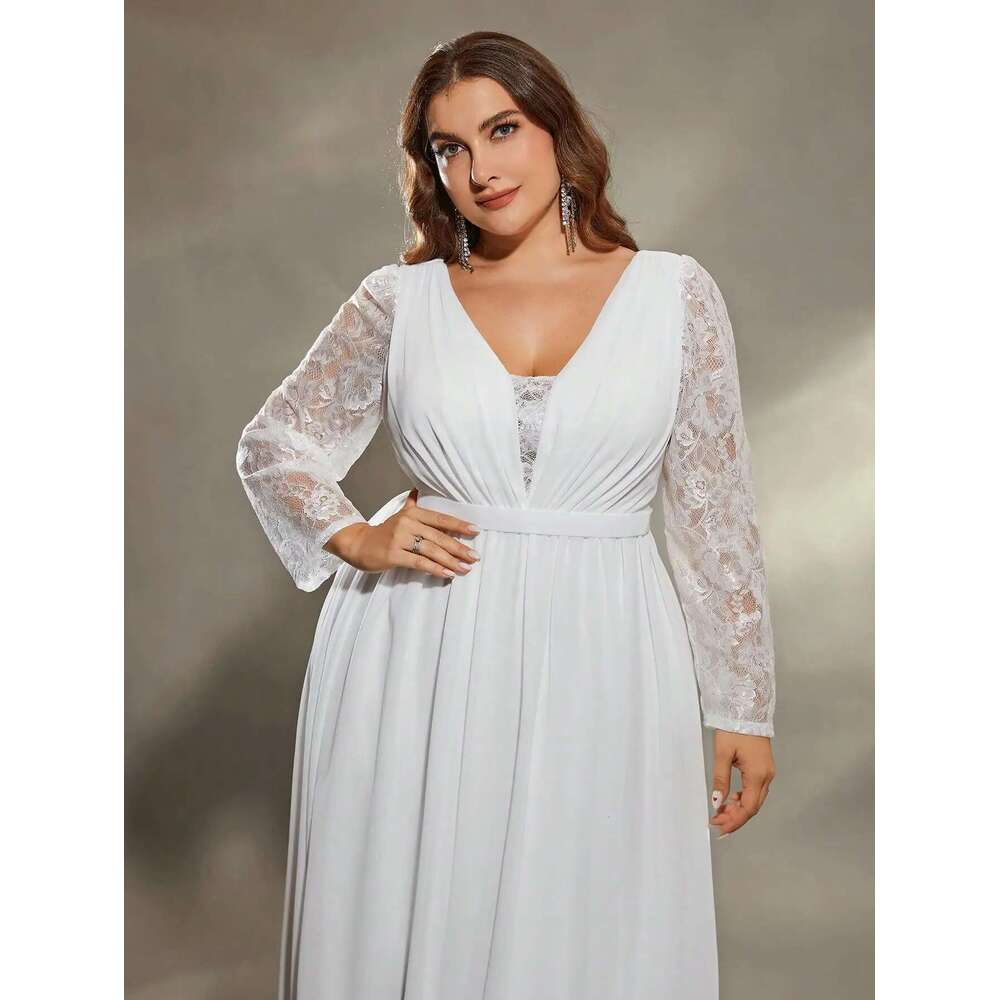 Mgiacy plus size Deep V shoulder lace long sleeve chest pleated chiffon wedding A full skirt Evening gown Ball dress
