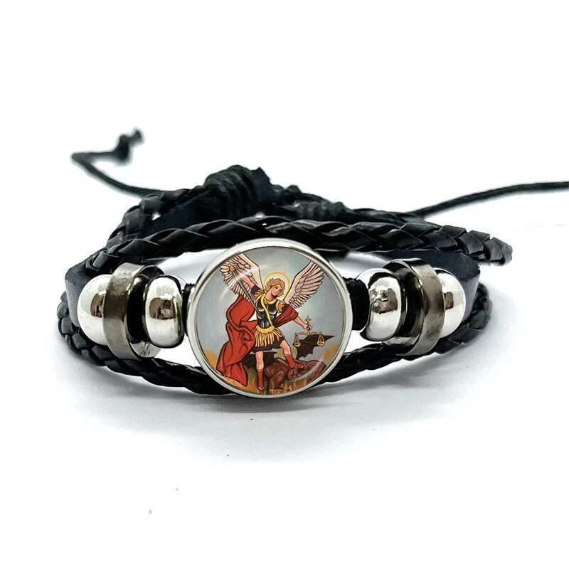 Amulet Symbol Bracelet Archangel St.Michael Protect Me Saint Shield Glass Time Gem Russian Orhodox Woven Bangle For Women Men