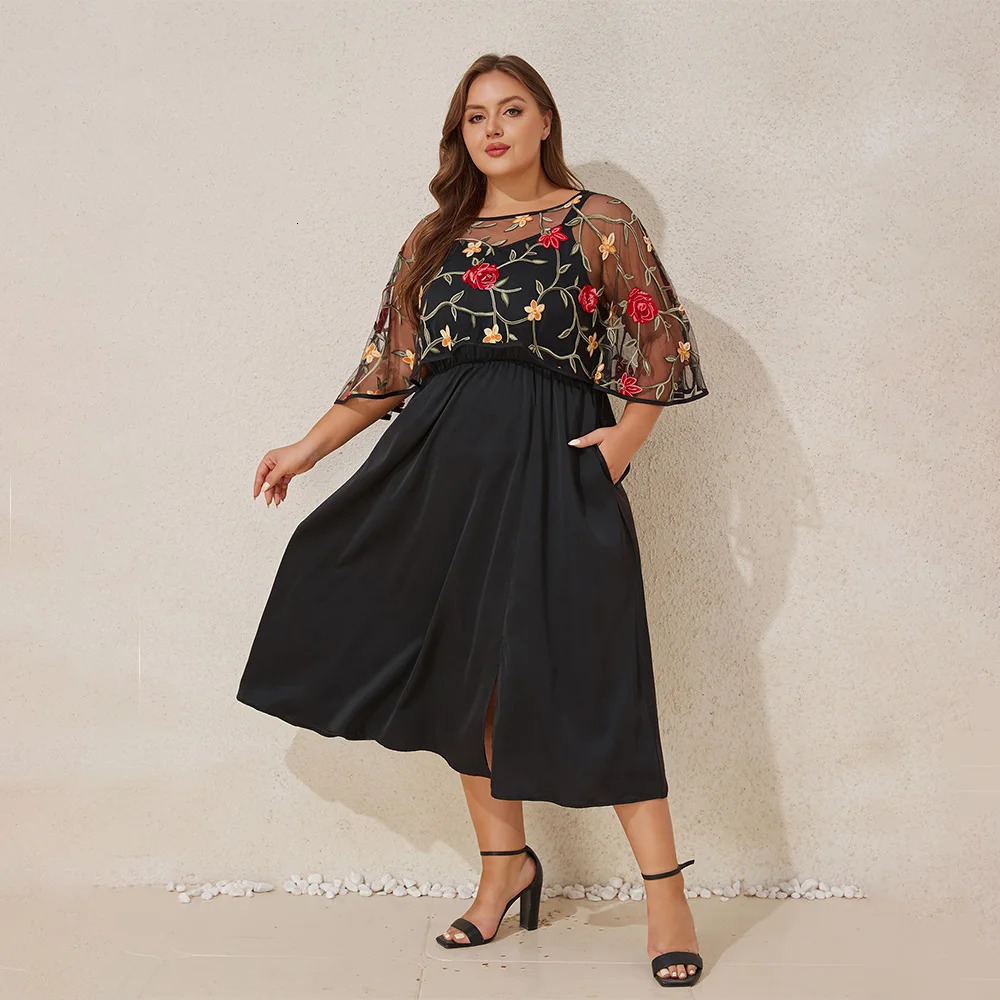 Elegant Plus Size Women Floral Embroidery Cloak Sleeve Strappy Midi Dress With Pocket Banquet Party Cocktail Evening Ball Gownn 250509