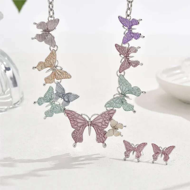 3Pcs/Set Colorful Butterfly Necklace And Earrings For Women Y2k Summer Vacation Sets Party Jewelry Accessories