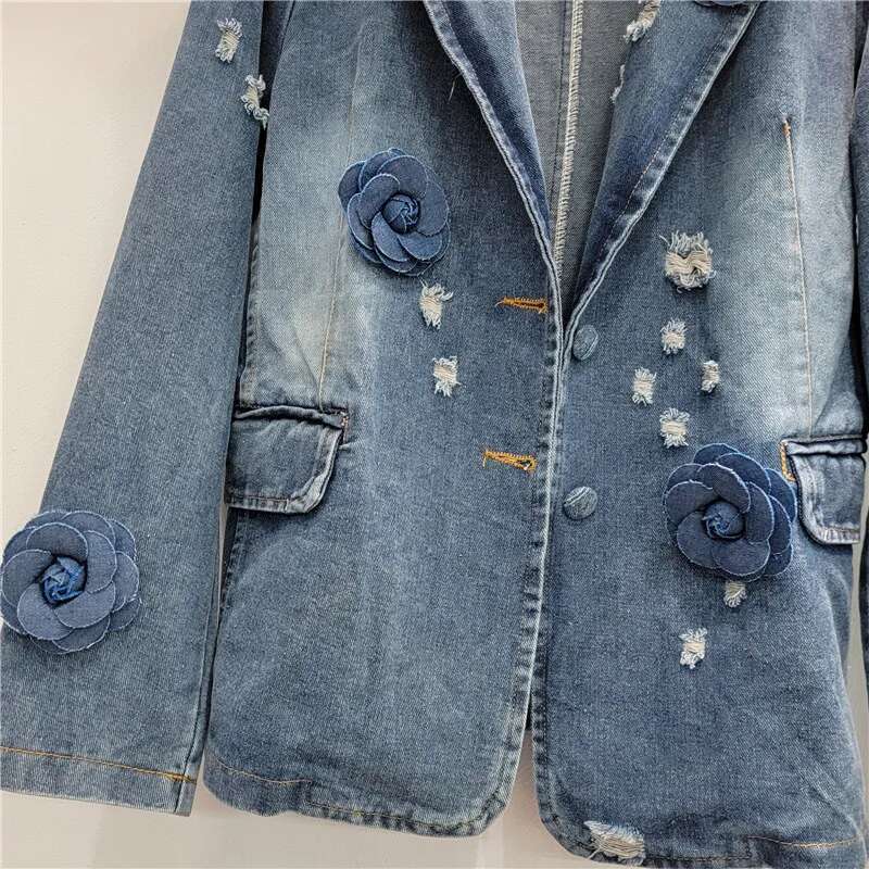 OCEANLOVE 3D Flowers Denim Jackets Women Spring Autumn Vintage Loose Jaqueta Feminina Single Breasted Chaquetas Mujer