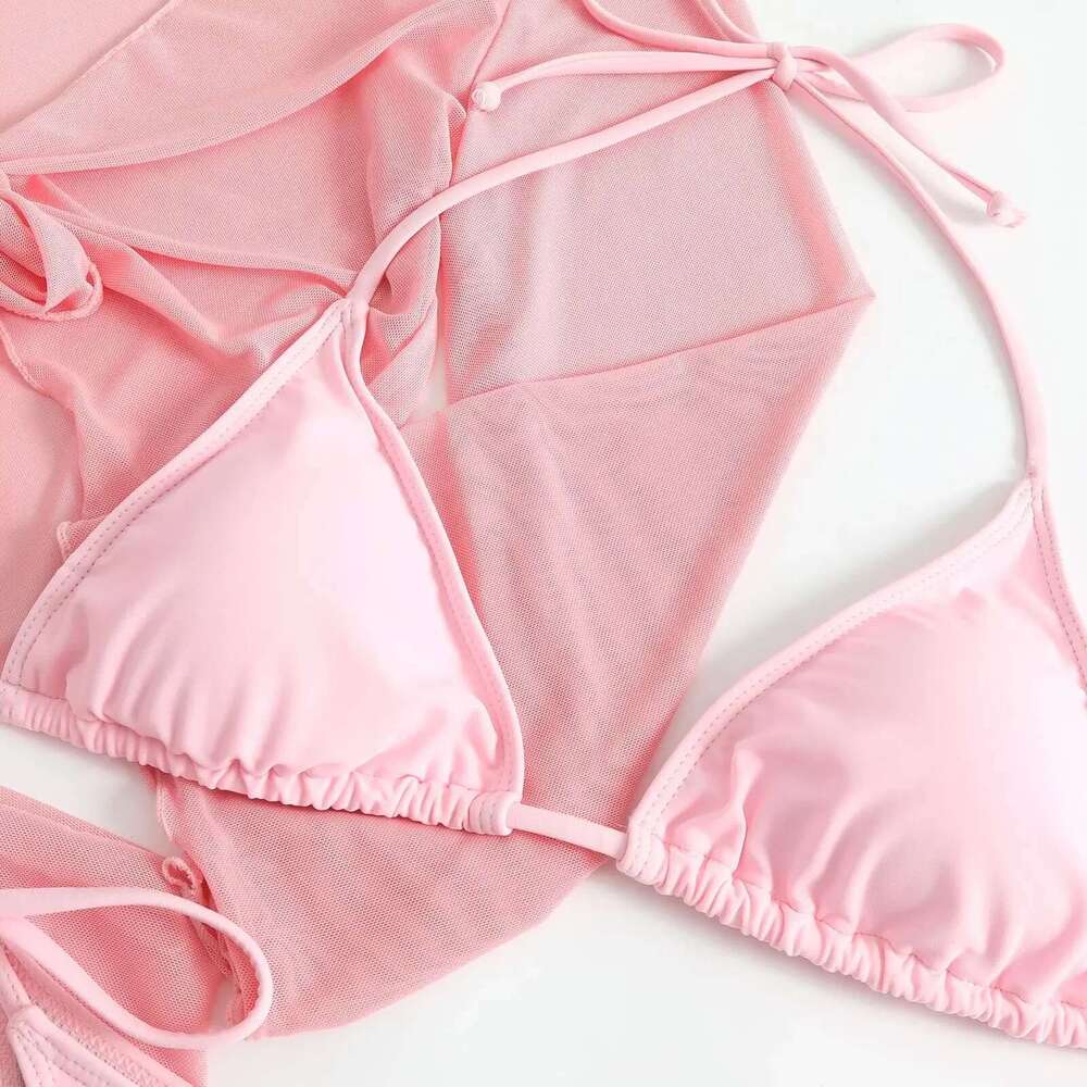 Women pink micro mini string bikini sets 4 pieces with mesh cover tops and skirt swimsuit bathing suit beach outfits biquini