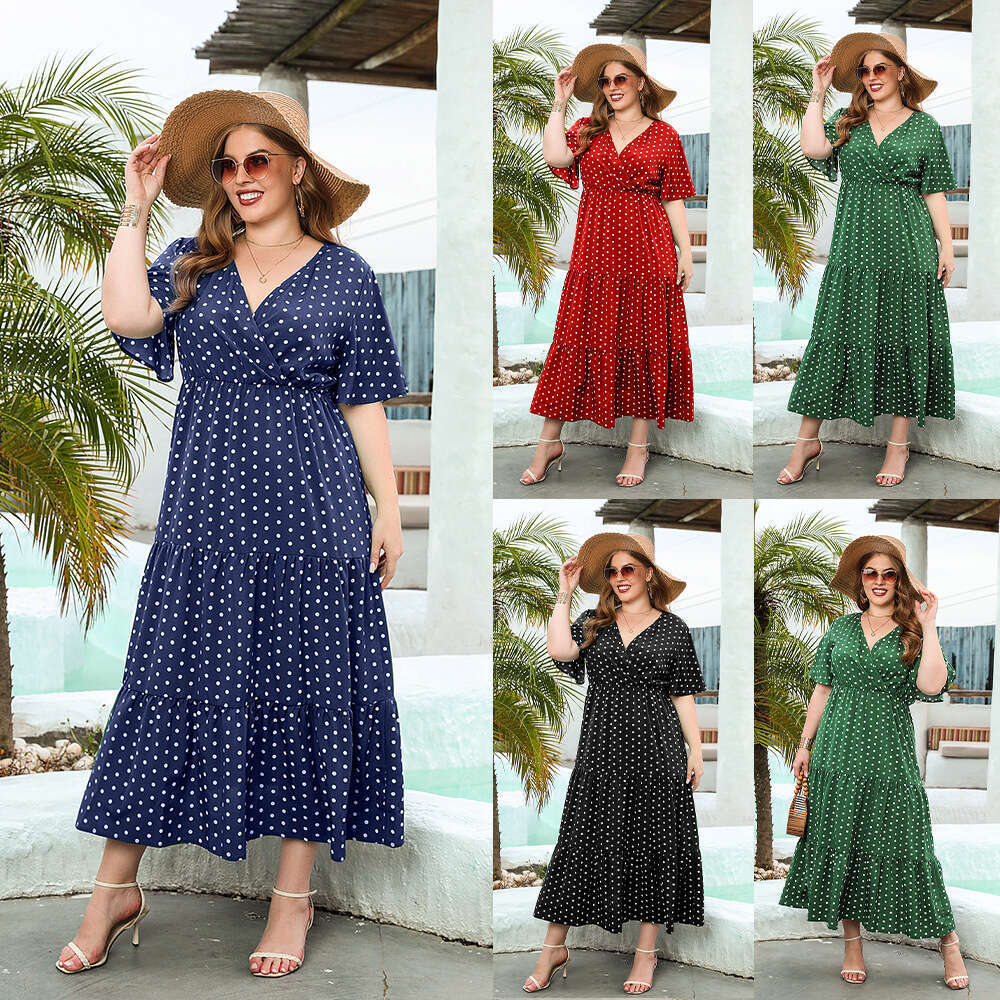 Plus Size Birthday Dress Vestidos De Noche Fulllace Summer New Product Womens Plus Size Polka Dot Casual Vacation Dress V-neck Elegant Large Swing Mid