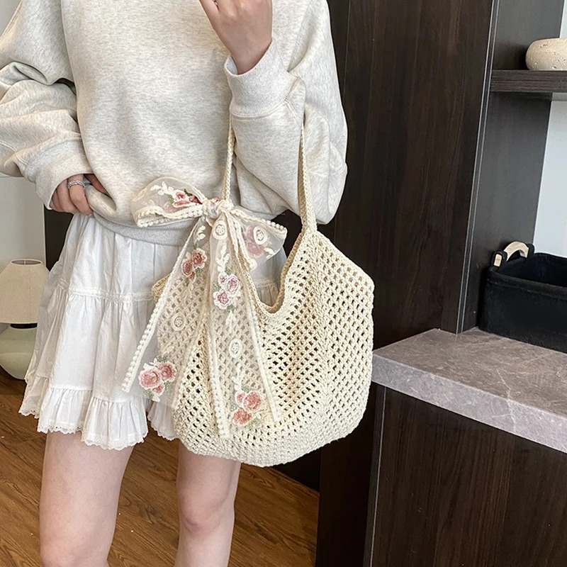 Solid Crochet Tote Handbag Summer Beach Bag Fashion Womens Mesh Woven Shoulder Bags Large Capacity Knitting Underarm Bag 250515
