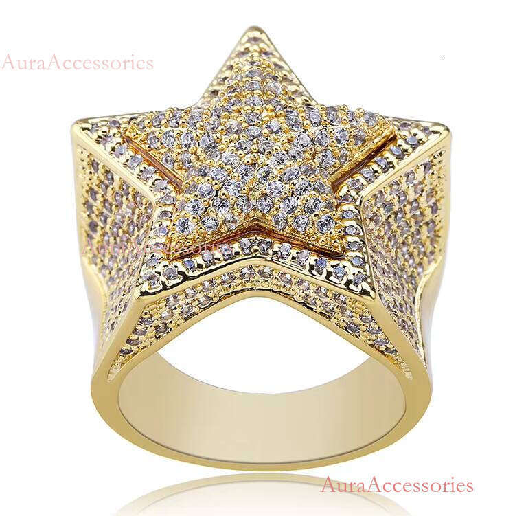 Fashion Hip Hop Jewelry Five Star Rings Men's Gold Sier Color Plated Iced Out CZ Cubic Zircon Brass Ring for Men