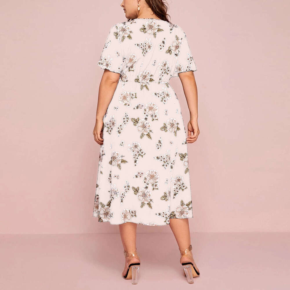Plus Size Beach Dress Vestidos Fulllace Women Designer Clothing Large Womens Floral Print Short Sleeved Dress with Waistband Loose Slit Medium Length 