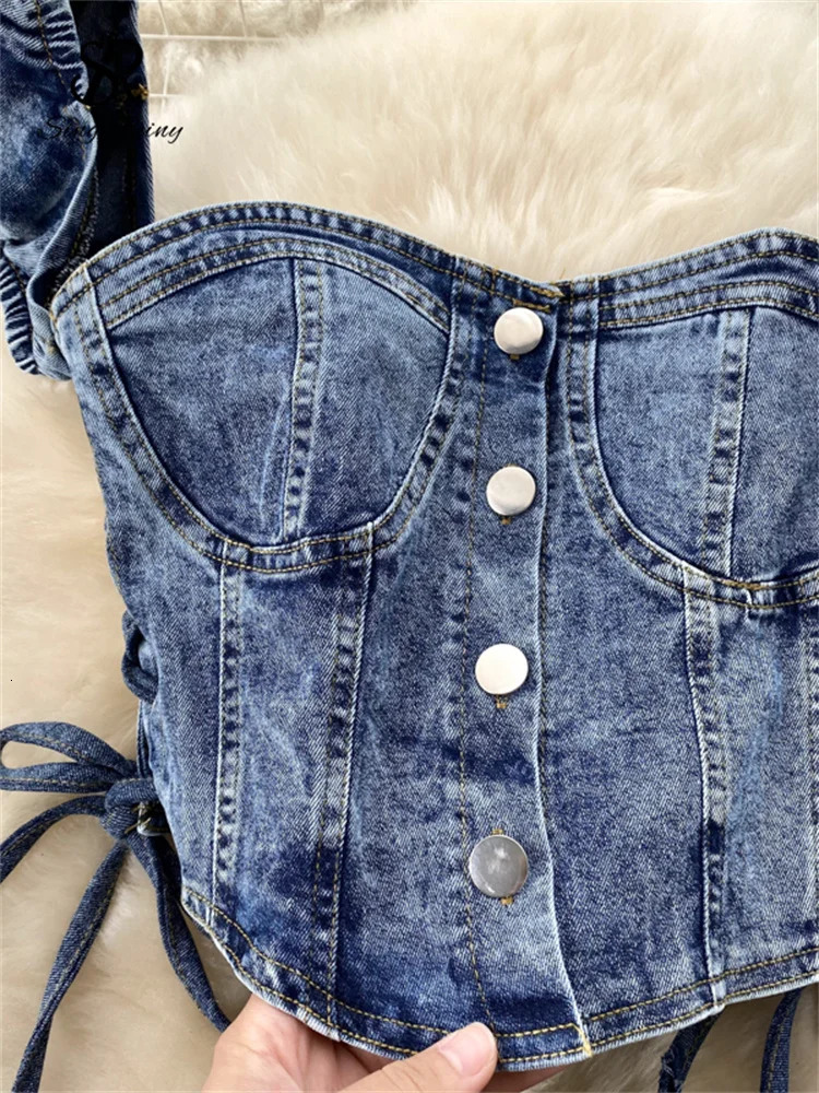 SINGREINY Vintage Denim Sets Women Off Shoulder Straps Mini TopPleated Short Skirt Fashion Summer Sexy Two Pieces Suits 250515