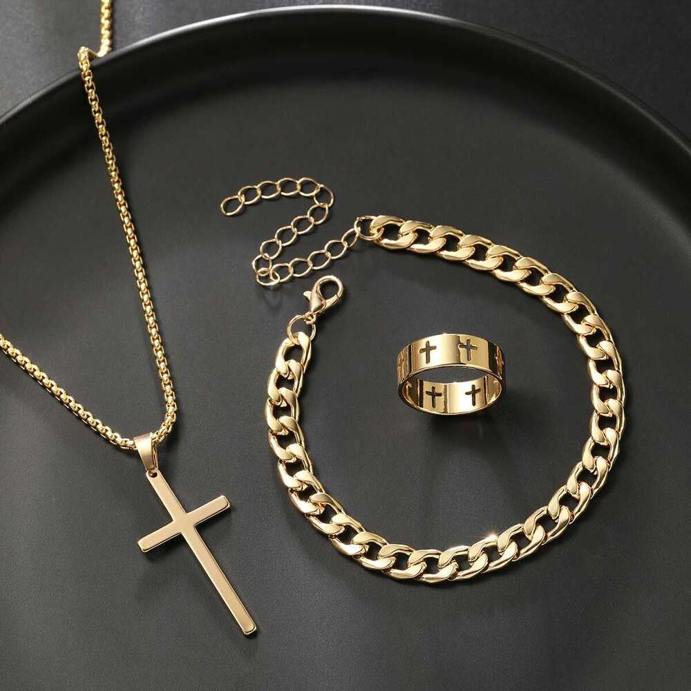 3 Pcs Men's Stainless Steel Jewelry Sets Gothic Hip Hop Style With Cross Pendant Necklace Ring Bracelet Set Fashion Simple Gifts
