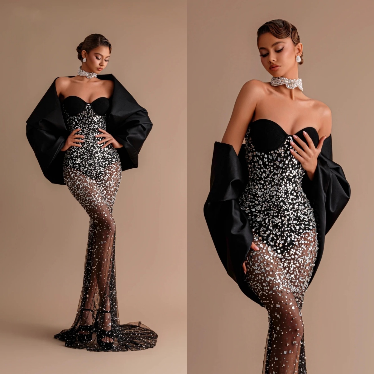 Fashion Mermaid Evening Dresses For Women Sweetheart Neck Wrap Gown Crystal See Through Sweep Train Dress Party Customized Dress