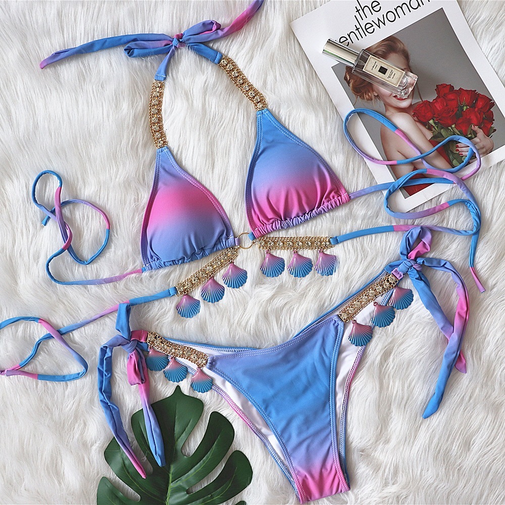 2025 Designer's New Sexy Camisole Bikini Gradient Print Split Style Women's Swimsuit Luxurious Crystal Shell Decoration Fashionable Beachwea