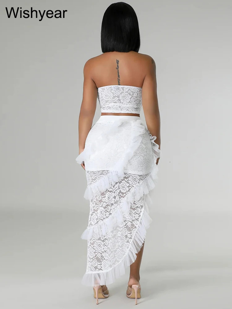 Sexy Two 2 Piece Sets Night Club Outfits for Women White Lace See Through Sleeveless Strapless Top and Ruffles Long Skirts Suit 250515