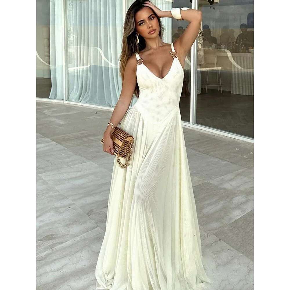 Nibber Holiday Women Dress Mesh Double V-Neck Skinny Metal Buckle Summer Trend Banquet Birthday Elegant Wedding Maxi Bodycon