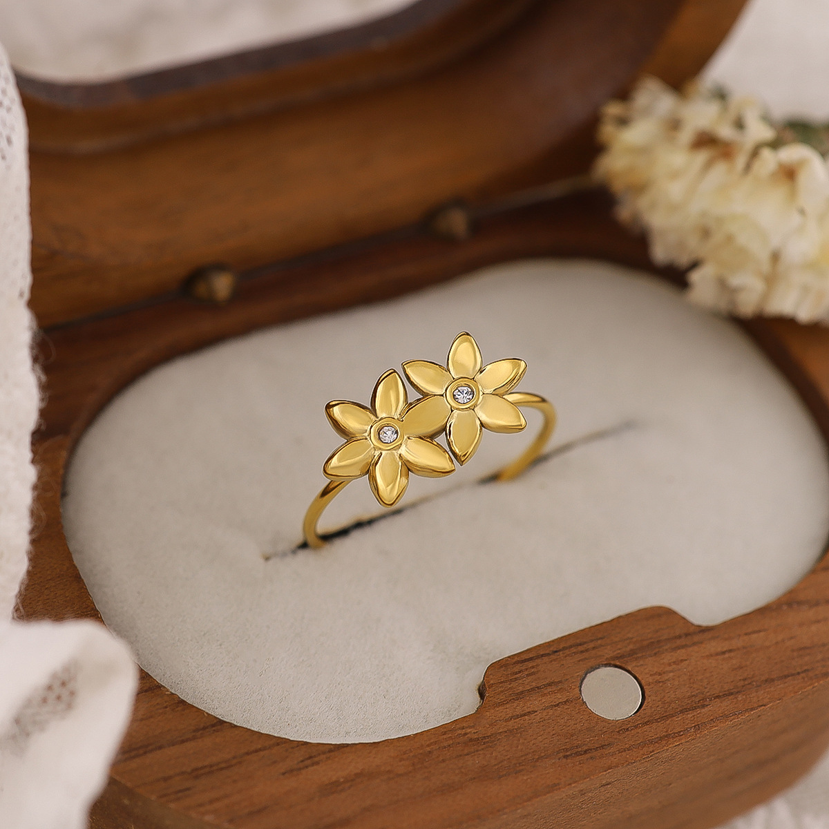 French Style Elegant Adjustable Floral Ring, 18K Gold Plated Titanium Steel Open Ring for Women