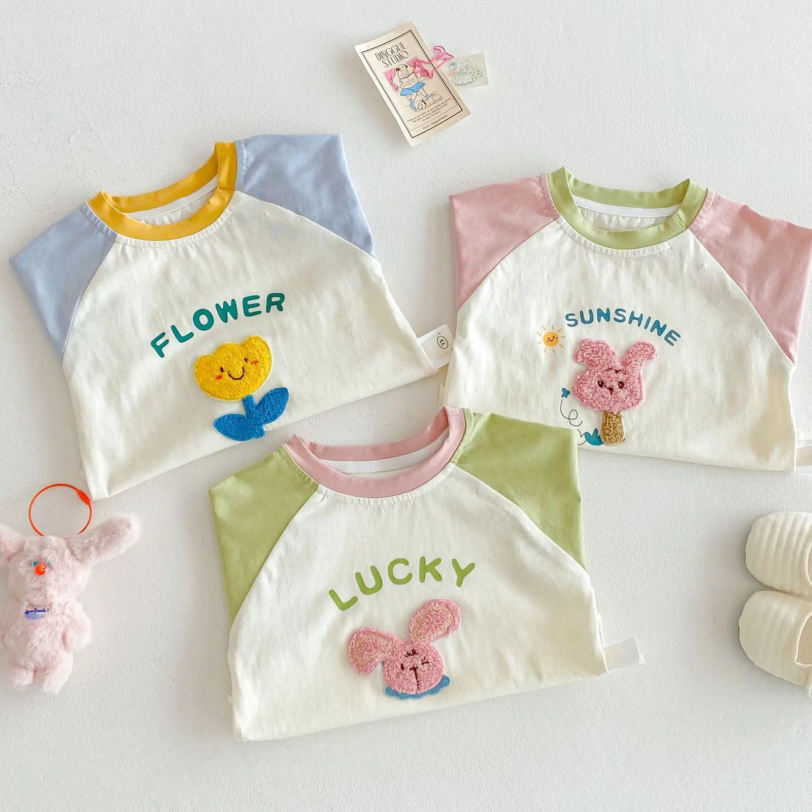 Summer Korean Style Color Block Round Neck Short Sleeve Cartoon T-Shirts for Boys Girls 250515