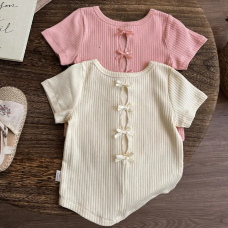 2-10Y Girls Summer Shirt Hollow Bow Knitted Short Sleeve Versatile Sweet and Cute Simple Top Round Neck Childrens T-shirt 250515